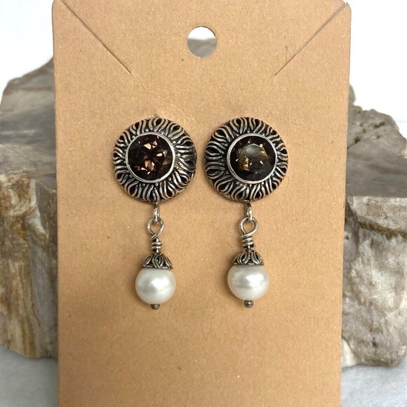 Sterling Silver 925 1.5" Signed Round Smoky Quartz & Pearl Dangle Drop Earrings - Picture 5 of 16